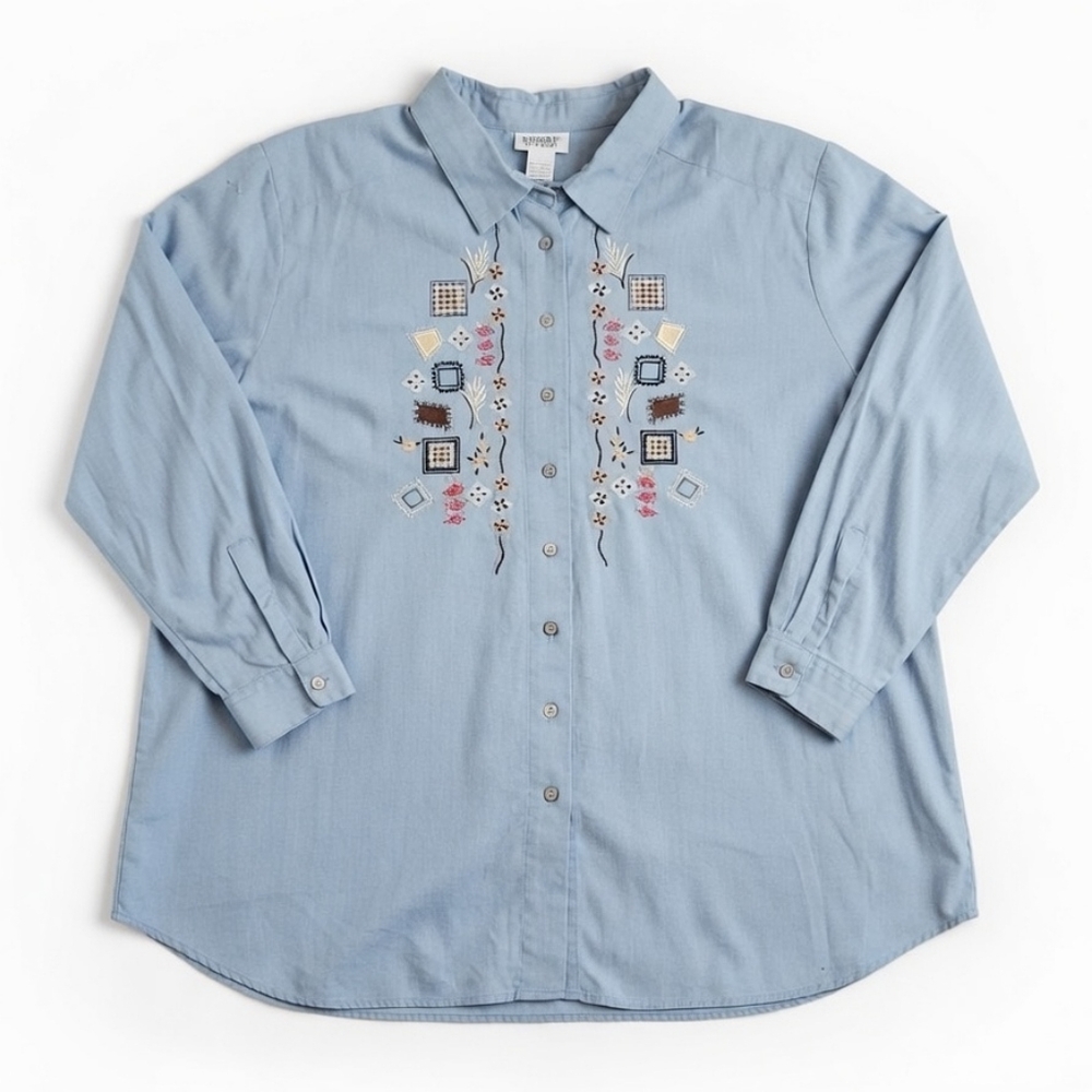 Vintage 90s Koret City Blues Embroidered Denim Shirt Women's Plus 30W Boho